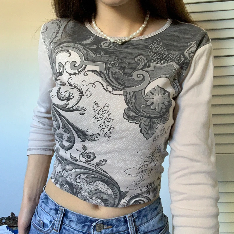 

Ladies Round Collar T-Shirt Women Retro Style Floral Printing Long Sleeve Midriff-baring Tops Slim Base Shirt