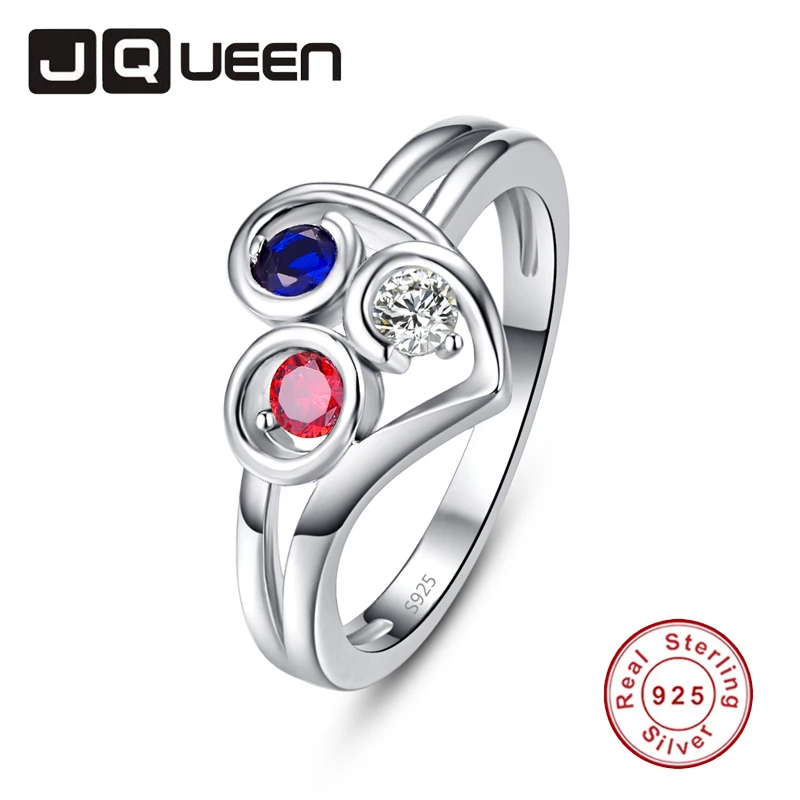 Настоящее серебро 925 пробы Красное Белое и голубое трехцветное кольцо в форме