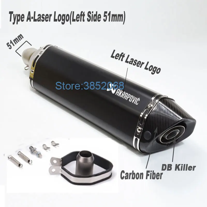 Type A 51mm L-Lasser Мотоцикл Akrapovic выхлопной ID: 51 мм/61 мм L: 570 мм/470 мм Мотоцикл углеродного волокна наконечник глушитель Escape с DB Killer - Цвет: Type A 51mm L-Lasser
