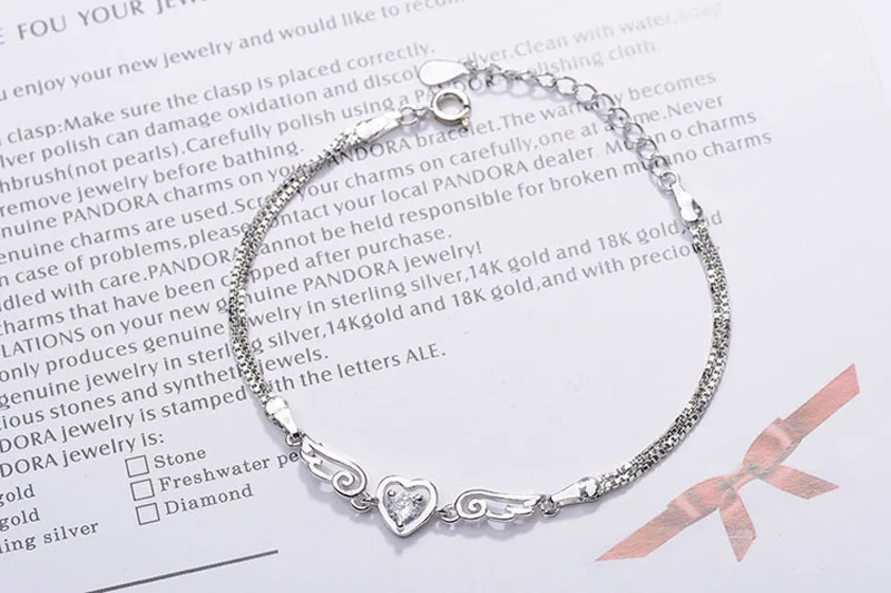 Элегантный браслет с ангельскими крыльями и хрустальным сердцем для женщин