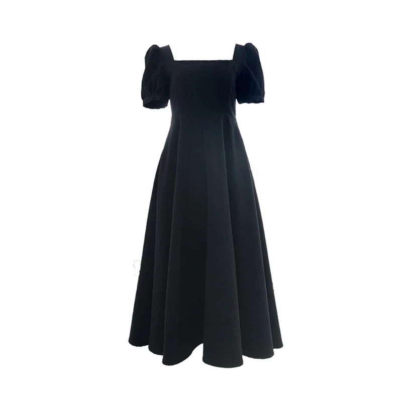 

Women Puff Short Sleeve Square Neck Black Flowy Midi Long Dress Vintage French Empire Waist Pleated Elegant Clubwear