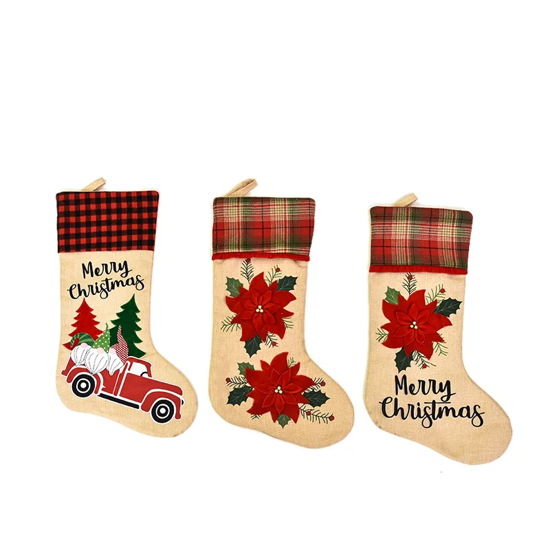

2020 New Christmas Decorative Linen Embroidery Red Christmas Creative Cartoon Car Santa Socks