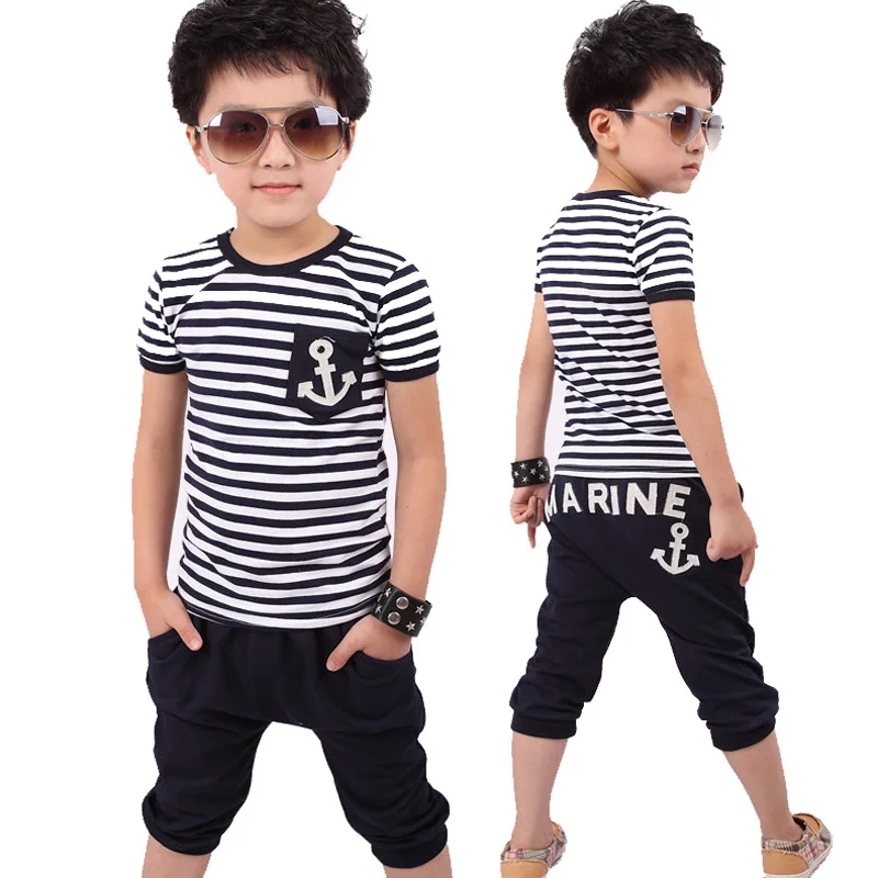 

Лидер продаж, розничная продажа, хлопковый детский летний костюм для мальчиков и девочек, полосатая футболка и морские брюки, комплект одеж...