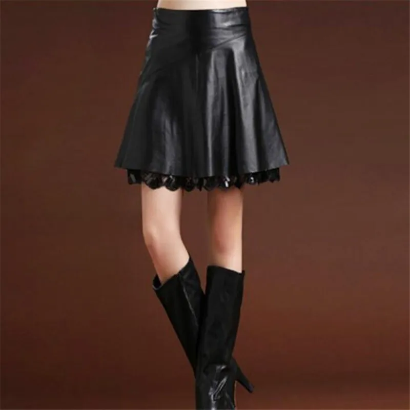 Hot Promotional High Waist Short Pleated Skirt 2022 New PU Leather Lace Stitching Fashion Black Women | Женская одежда