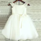 Белое платье для девочек с цветами цвета слоновой кости, пышное Тюлевое кружевное платье для первого причастия с круглым вырезом и рукавами-крылышками, детское платье для крещения