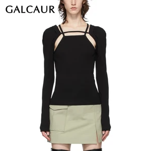 Женский трикотажный свитер GALCAUR, черный облегающий свитер с квадратным воротником и длинными рукавами, осенняя одежда 2020