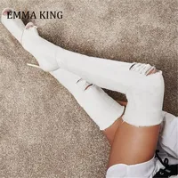 2021 Spring Women Jean Thigh High Boots Sexy Peep Toe Stiletto Heels Over The Knee Boots Zipper Woman Boots Zapatos De Mujer