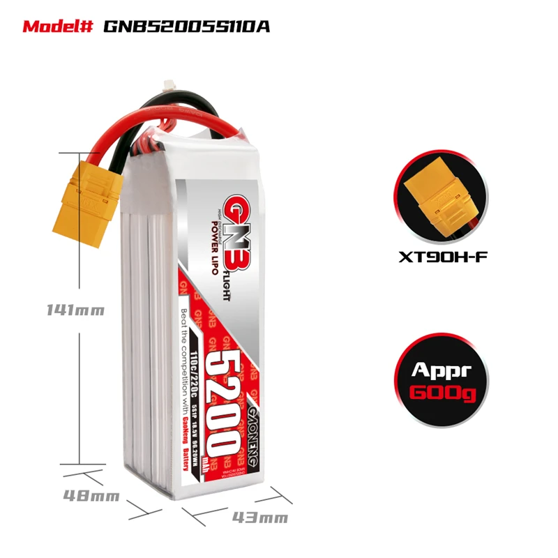 

Gaoneng GNB 5S 18.5V RC LiPo Battery 5200mAh 110C MAX 220C For RC Quadrotor Airplane FPV Racing Drone Parts