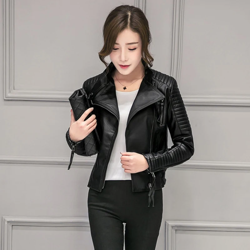 

Women Slim Short Autumn Spring Faux Leather Jackets Casual Lady Pu Leather Jackets Female Turn Down Collar Zipper Coat