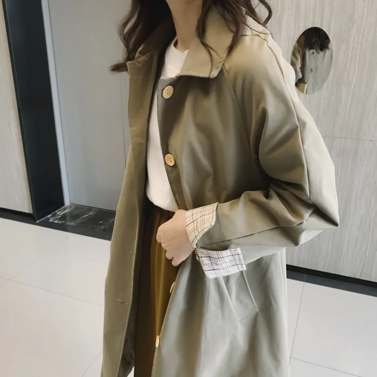 Женское длинное пальто с отложным воротником свободный тренчкот цвета хаки