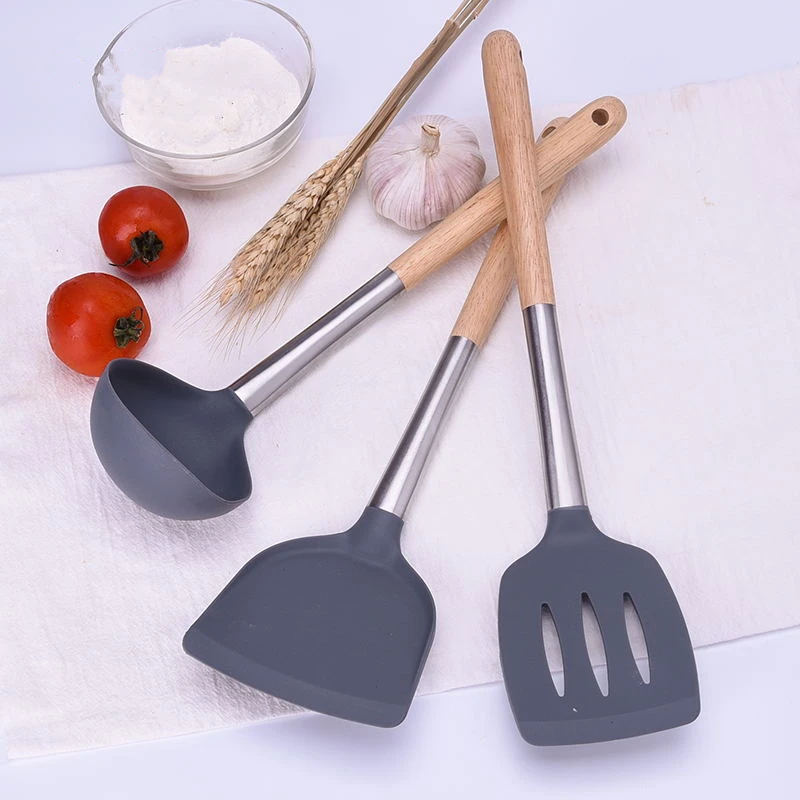 

1PC Silicone Kitchen Tools Wooden Handle Frying Shovel Soup Spoon Scoop Spatula Cooking Utensils Baking Accessories Kitchenware