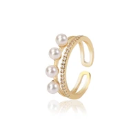 pearl ring 925 silver jewelry with zircon gemstone gold color open finger ring for women wedding party gift ornaments wholesale