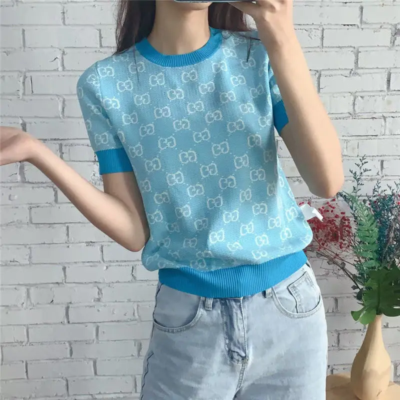 

2021 Summer New Fashion Classic round Neck Knitted Short Sleeve Women 's Retro Versatile Knitted T-shirt