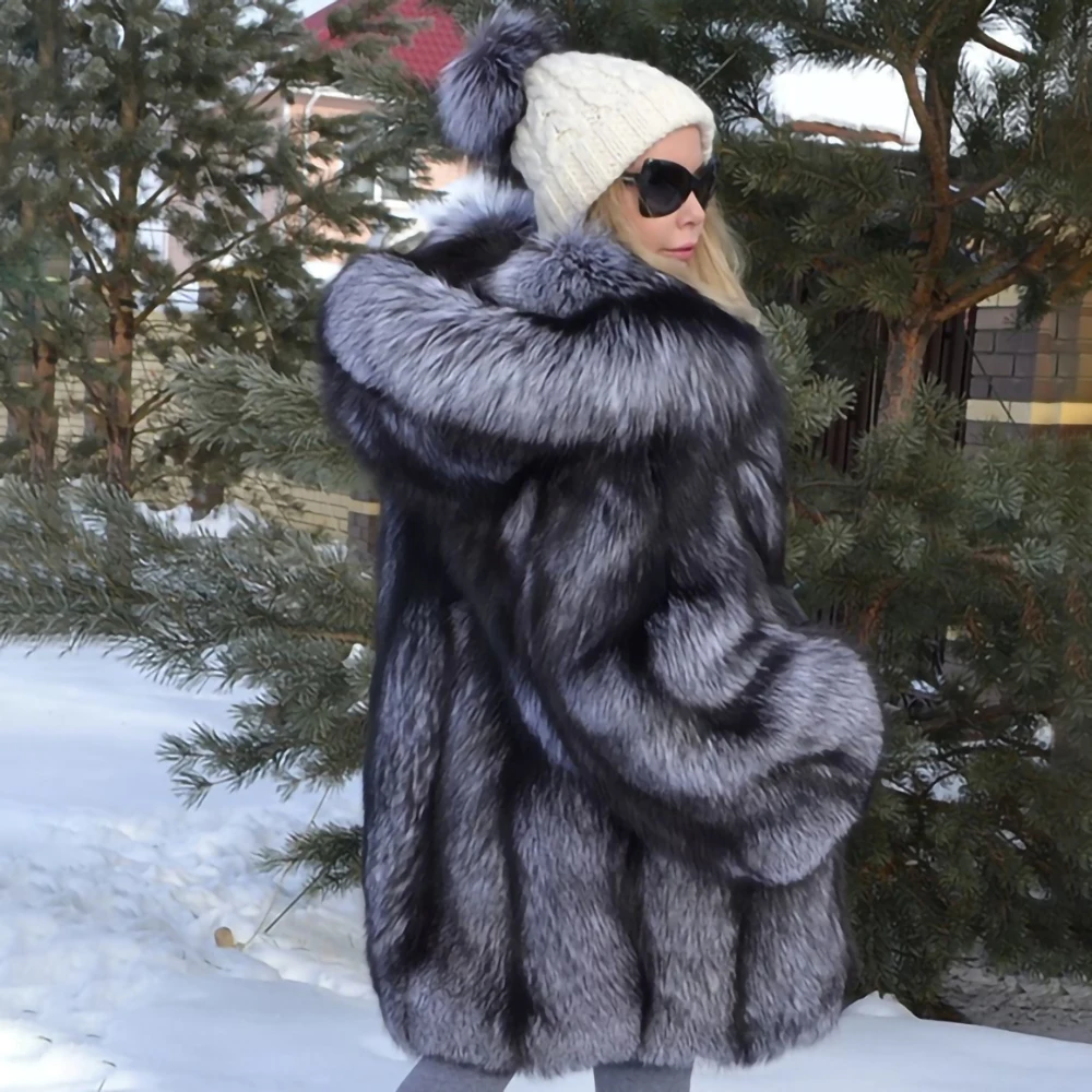 Luxury Real Fur Coat For Women Natural Russian Silver Fox Fur Winter Jacket With Hood Thick Warm Real Fur Jacket Outerwear Plus
