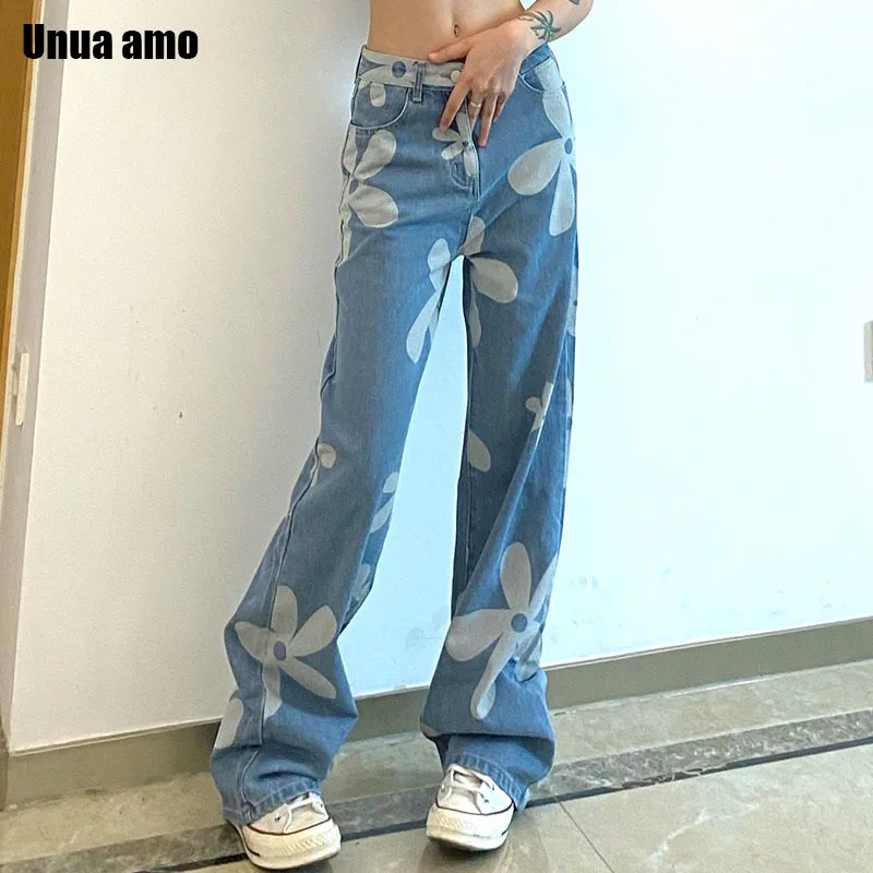 Unua amo Stylish Irregular Flower Print Women's Jeans Vintage Baggy Straight Trousers Female Wild Casual Denim Pants