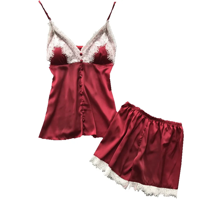 

Summer Ice Silk Pajamas with Chest Pad Sexy Silk Suspender Shorts Pajamas Two-Piece Suit Women's Japanese Pijamas Women