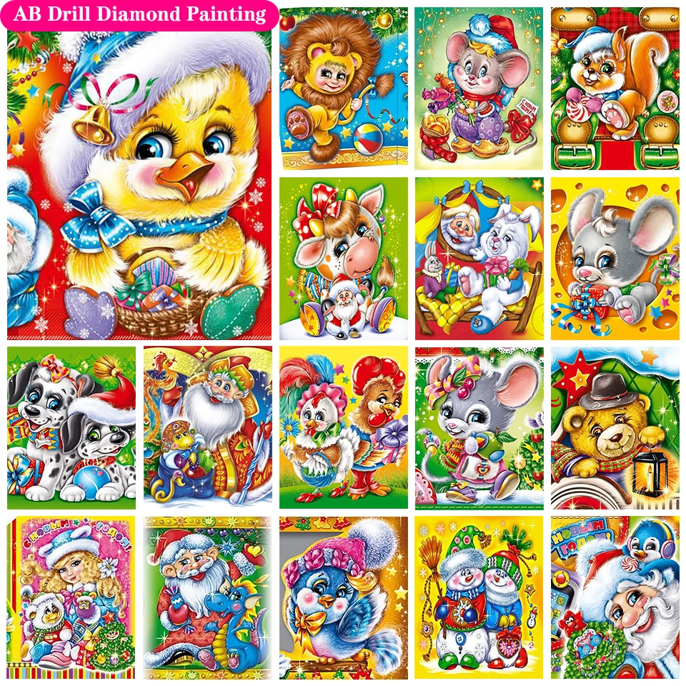 

5D DIY Full Square Diamond Snowscape New Santa Claus and Animal Lion Mouse Bird AB Diamond Painting Kit Kid Christmas Decor Gift