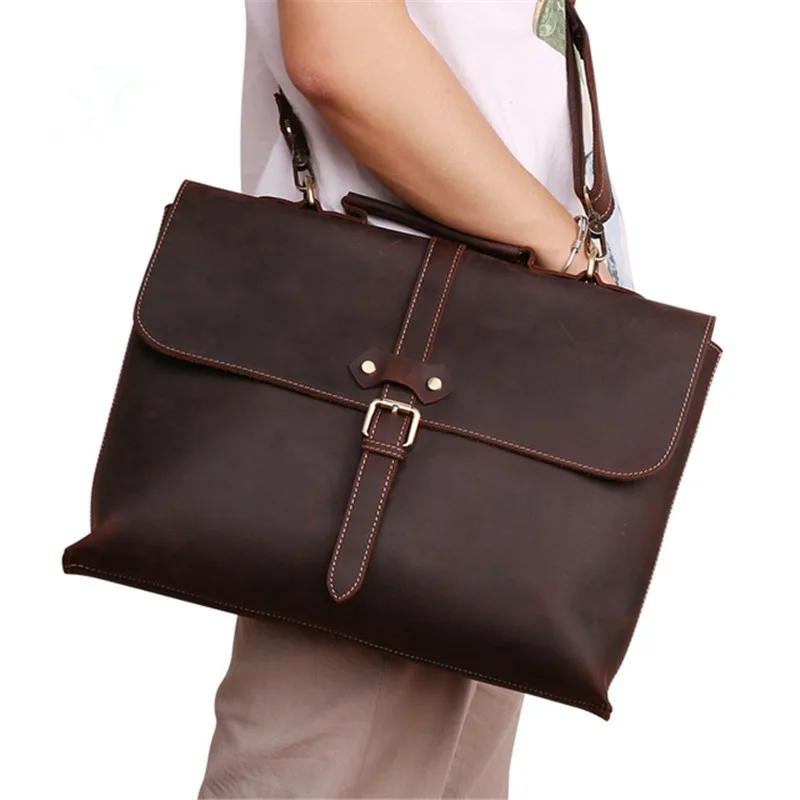 Retro Crazy Horse Leather Men's Daily Work Office Lawyer Business Briefcase 15.6-inch Multifunctional Computer Travel Handbag