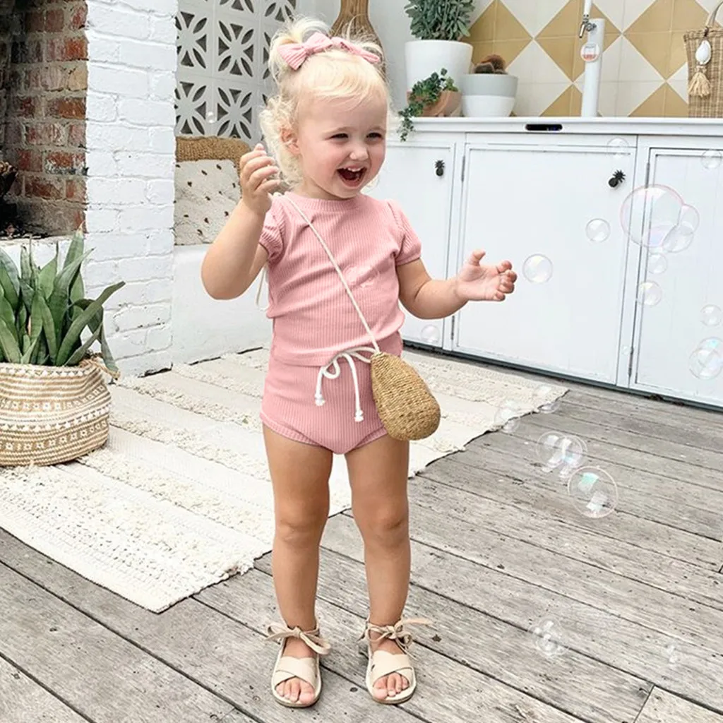 

Toddler Baby Girls Short Sleeve Solid Tops+Shorts Headbands Outfits Set