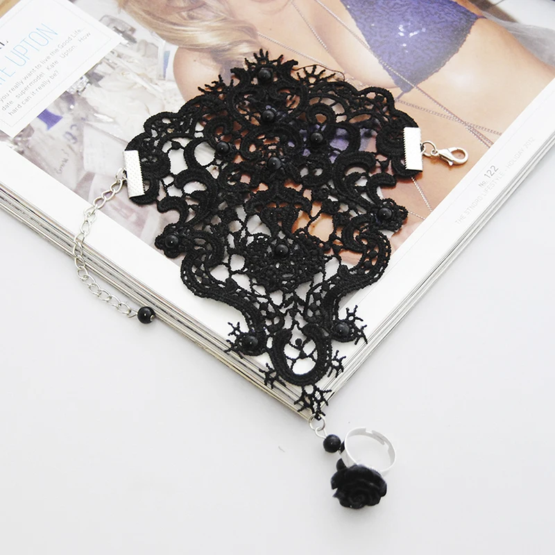 

1pc Women Rose Beads Flower Lace Glove Goth Style Adjustable With Ring Long Bracelet Women Accessories