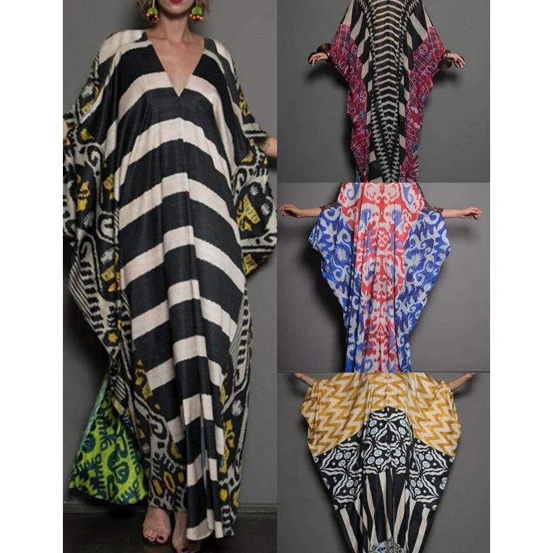 

Mandylandy Dress Women's Vintage Batwing Sleeve Print Loose Dress Spring and Summer Leisure V-neck Irregular Dress