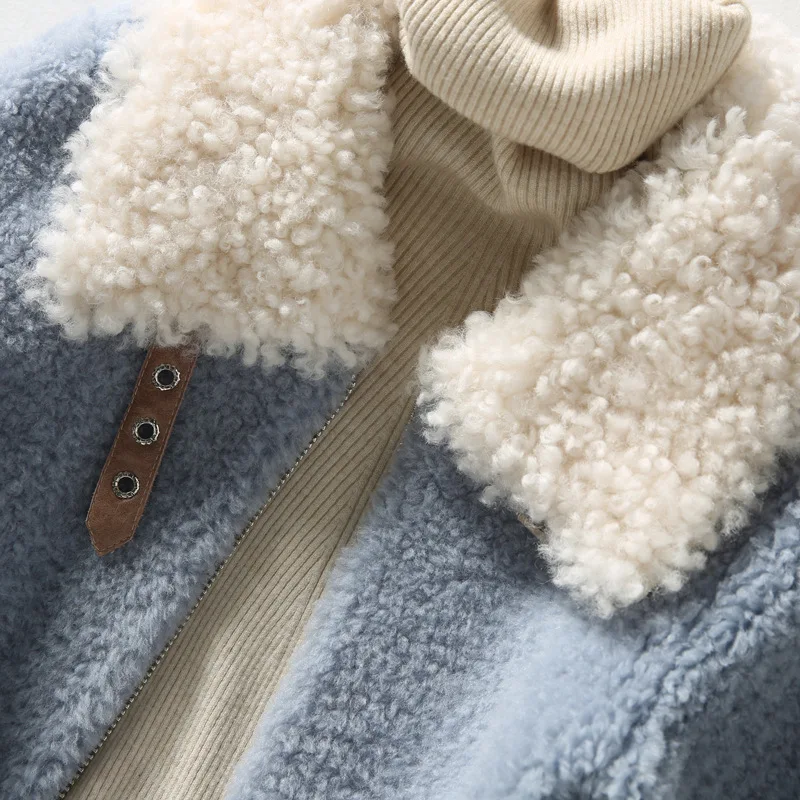 Women Lambswool Coats Winter Warm Slim Wool Coat Light Blue Turn-Down Collar Real Fur Overcoats Short Fashion Female Jackets