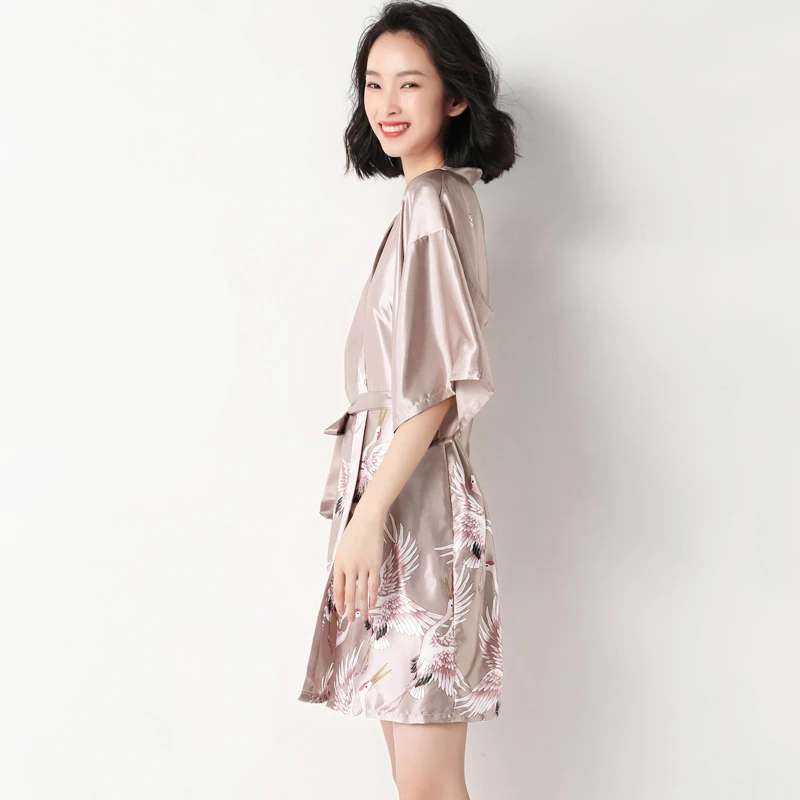 short robe 2 Большие размеры 3XL свадебное платье подружки невесты женские атласные шарфы кимоно банное платье сексуальное длинное платье с цветочным принтом - Цвет: short robe 2