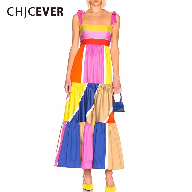 CHICEVER повседневные Лоскутные цветные женские платья без рукавов с квадратным