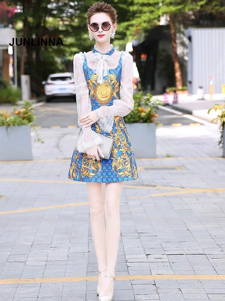 

JUNLINNA, хлопковое платье принцессы, кружевное лоскутное винтажное платье с принтом, модное тонкое платье с бантом