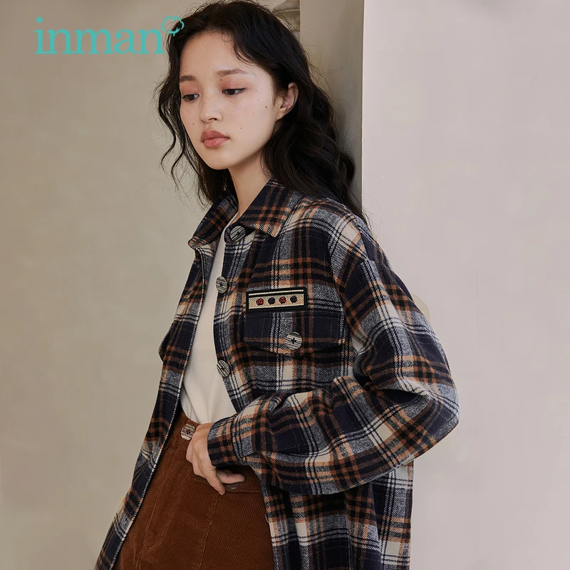 INMAN Women's Coat Spring Autumn Vintage Casual Plaid Pointed Collar Chic Buttons Loose All-match Top
