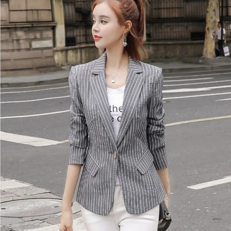 Elegant Womens Single Button Notched Collar Striped Blazer Korean Vintage Fashion Casual Slim Fit Plus Size Female Suit Coats | Женская