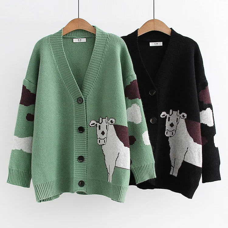 

Japanese College Style Sweet Cartoon Cow Jacquard Sweater, V-neck Cardigan, Female Sweater