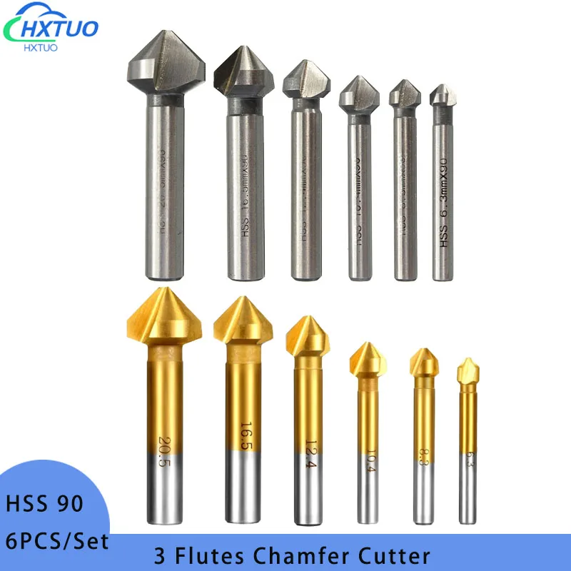 

6Pcs 3 Flute 90 Degree HSS Chamfering Cutter End Mill Tool Round Shank Countersink Deburring Drill Bit Set 6.3-20.5mm