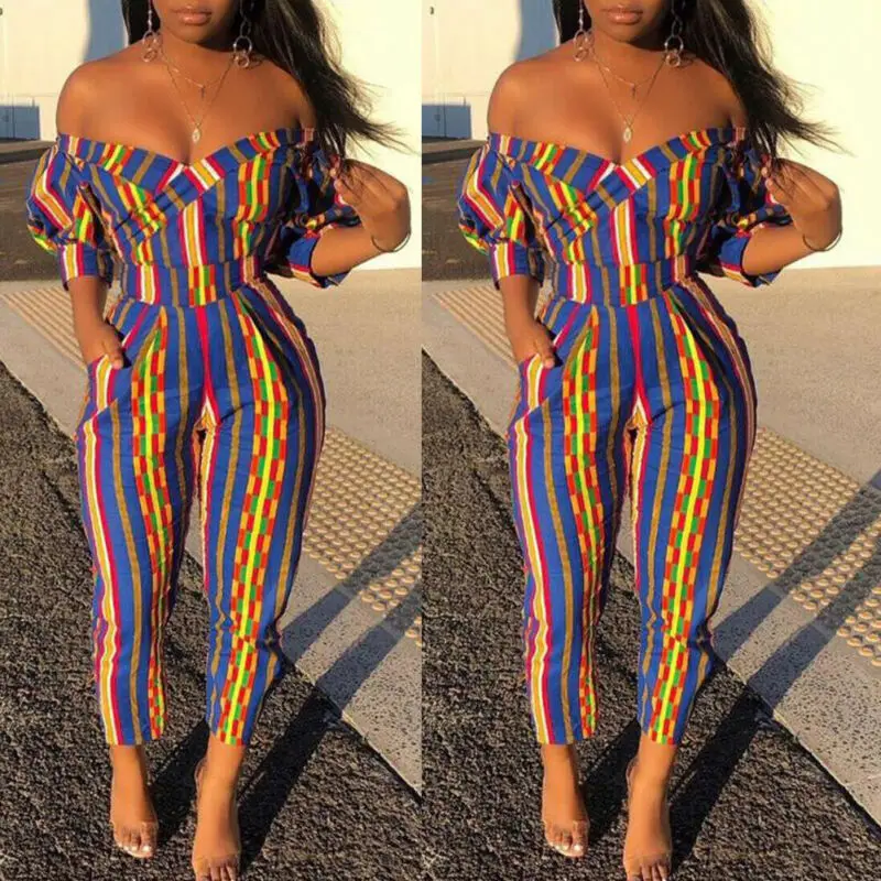 Женский Цветной полосатый комбинезон с открытыми плечами летний повседневный