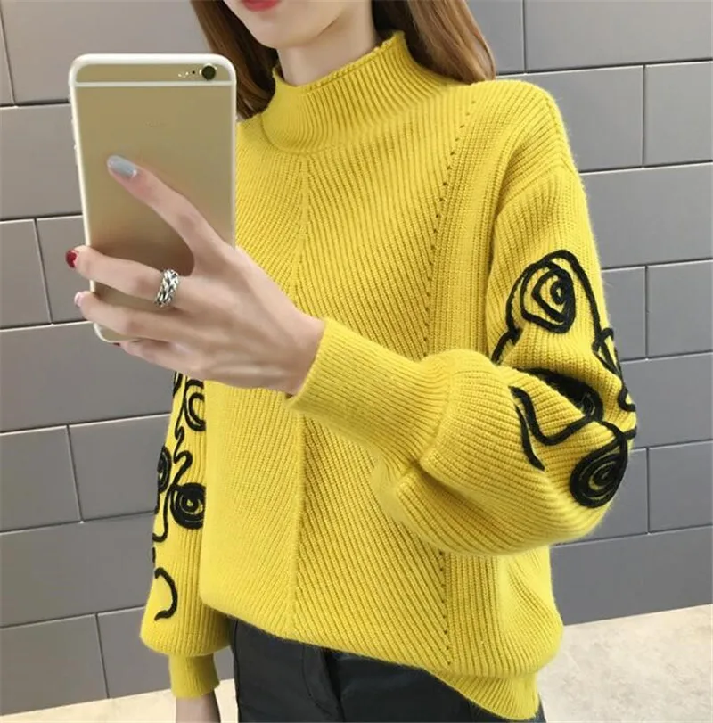 

Sweater Women Korean Pull Femme Hiver Jumper Crochet Puff Sleeve Pullover Sueter Mujer Turtleneck Knitted Sweaters 2020 Autumn