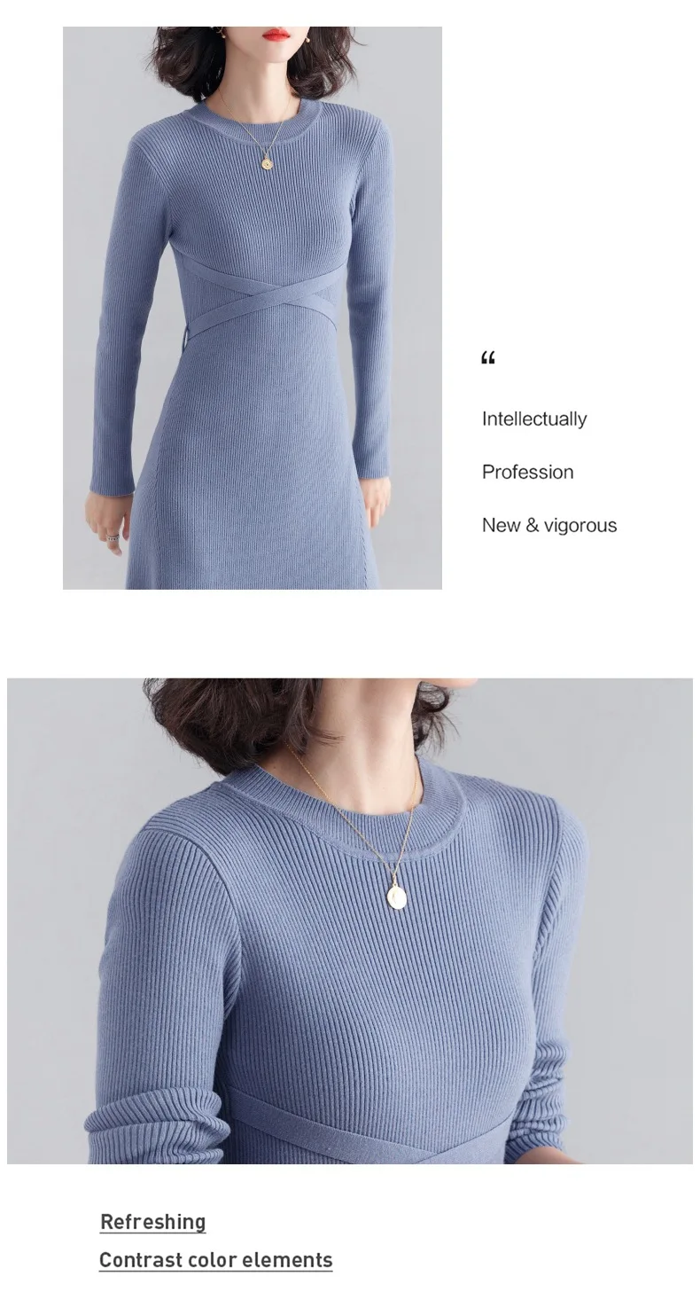 INNASOFAN knitted dress women Autumn Winter long-sleeved dress Euro-American fashion chic dress solid color