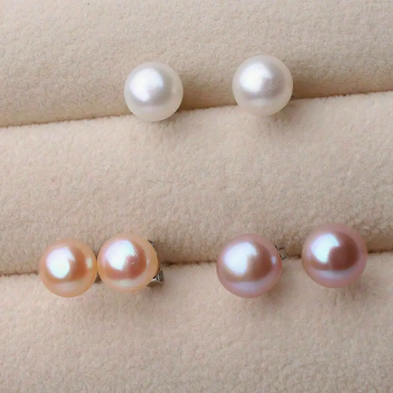 

3 Pairs 7-8mm Genuine Natural White Pink Purple Pearl Silver Stud Earrings AAA