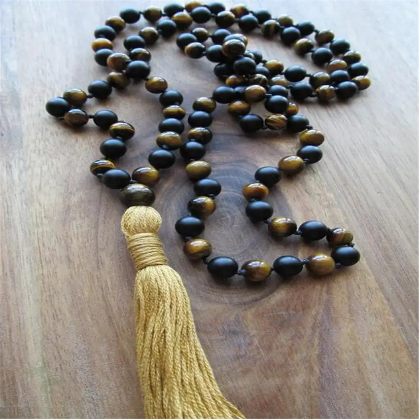 

8MM Tiger Eye Gemstone Black Onyx Tassels Mala Necklace energy Sutra spirituality Chakra elegant Unisex pray Cheaply Lucky yoga