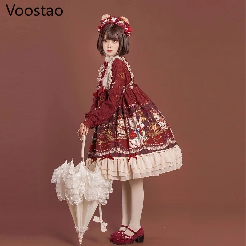 

Japanese Sweet Kawaii Lolita Dress Women Crown Cat Cartoon Lolita OP Dress Girls Vintage Victorian Princess Tea Party Dresses