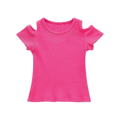 hot pink Однотонная футболка для маленьких девочек летние модные мягкие топы с короткими рукавами и открытыми плечами для маленьких детей от 6 до 24 месяцев, A20 - Цвет: hot pink
