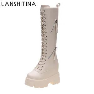 Сапоги женские зимние, до колена, на платформе 11 см, со шнуровкой, с плюшевой подкладкой