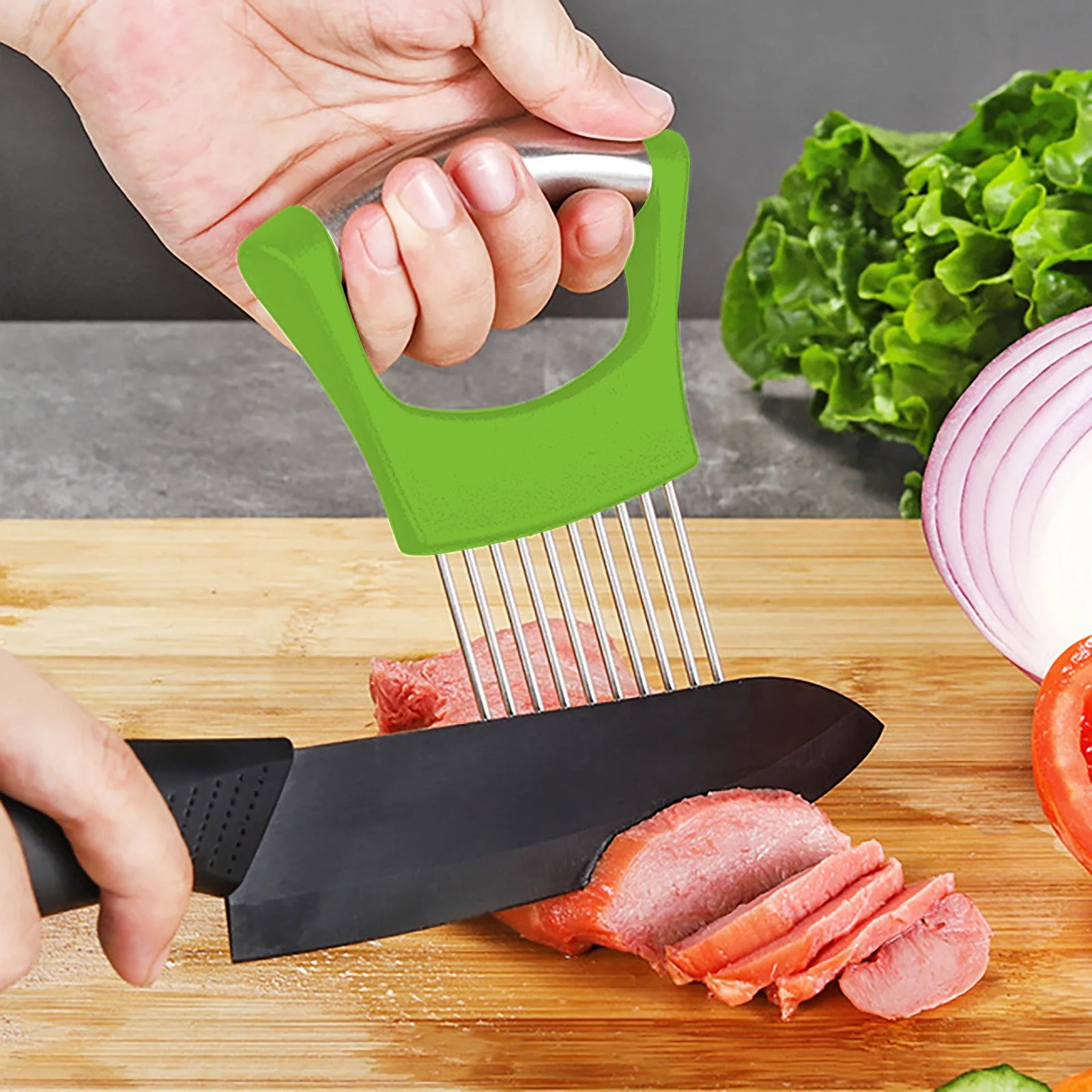 

Food Slice Assistant Vegetable Holder Stainless Slicer Onion Needle Fruit Tomato Vegetables Cutter Steel Chop Onion 2021 New
