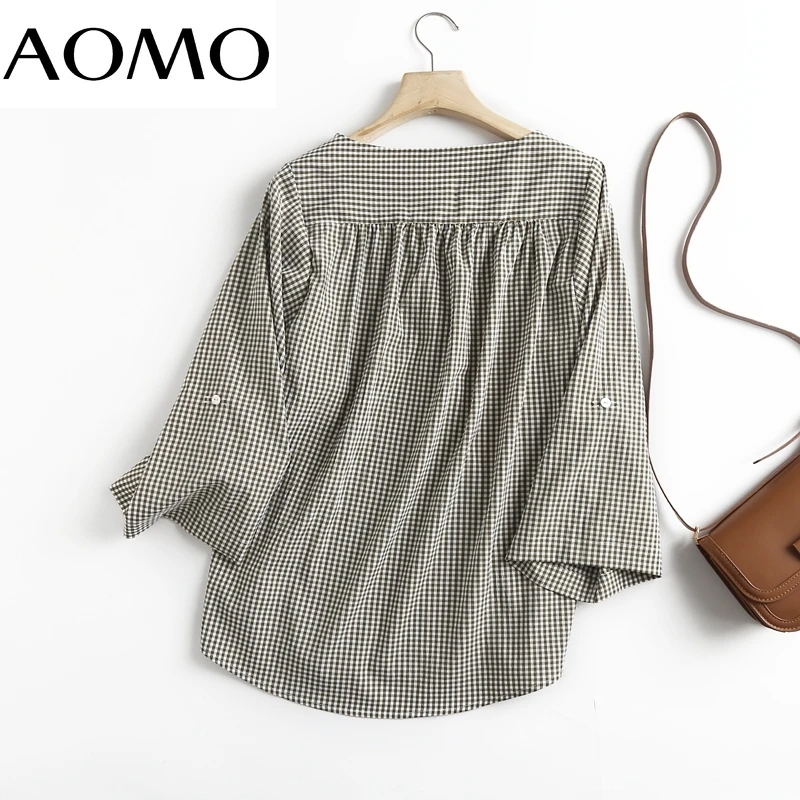 

AOMO Women High Quality Plaid Shirt Blouse V Neck Chic Female Office Lady Top 6D75A