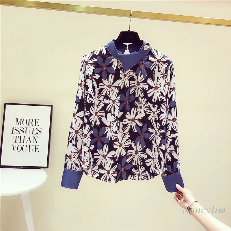 Grande Taille Chemises Femmes Vintage Imprimé Floral À Manches Longues En Mousseline De Soie Chemisier 2021 printemps Automne Nouveau Bureau Dame Portefeuille Chat