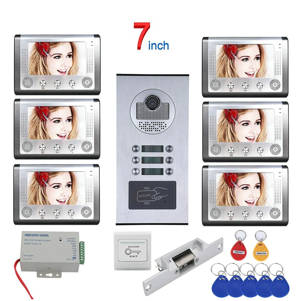 7 inch 6 Appartement/Familie Video Deur Telefoon Intercom Systeem RFID 1000TVL Deurbel Camera + GEEN Elektrische Strike Deur lock