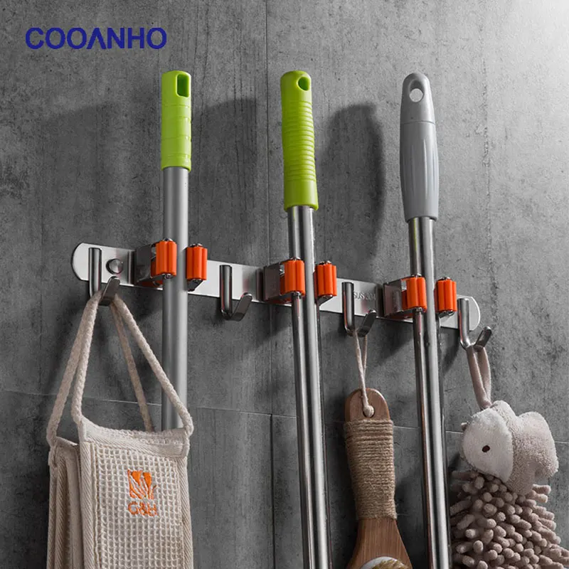 COOANHO Broom And Mop Rack, Stainless Steel Wall-Mounted Storage Storage Tool, Household Wardrobe Kitchen Office Garden Rack