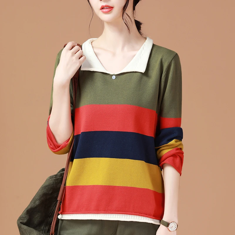 

Shintimes Pull Femme Striped Pullovers Turn-down Collar Casual Knitted Women Sweater Long Sleeve 2020 Fall Winter Womens Clothes