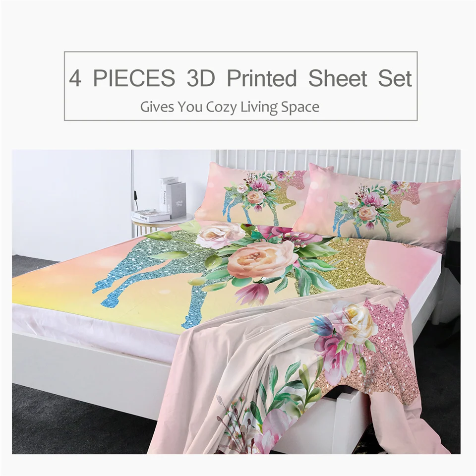 Постельное белье с рисунком единорога Комплект постельного белья из 4 предметов