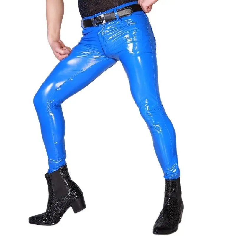 Брюки Карандаш мужские из ПВХ пикантные высокоэластичные Синие Блестящие модные