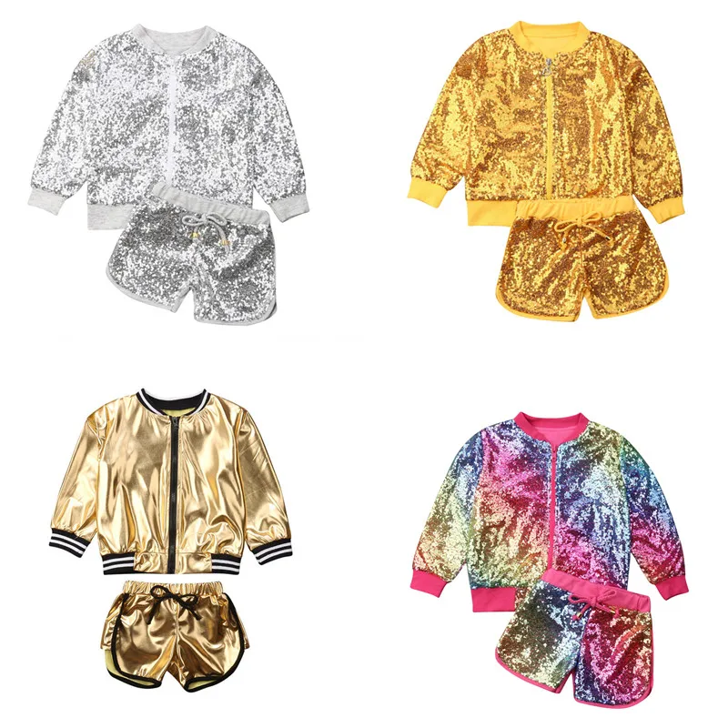 Модный комплект одежды из 2 предметов для маленьких девочек с блестками розовая